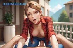 1girl ai_assisted ai_generated amber balcony behind_view blue_jeans brown_eyes brown_hair collar doggystyle earrings embarrassed gangbang indoors jeans life_is_strange looking_at_viewer outside pants parted_bangs ponytail pov pussy_sex rachel_amber saliva screaming shaking shirt solo standing