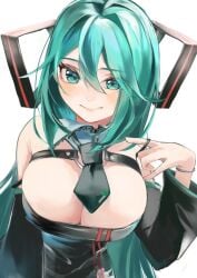 1girl 1girls alternate_breast_size aqua_eyes aqua_hair belt blue_hair boobies boobs bracelet hatsune_miku igero looking_at_viewer smile smiling solo tits vocaloid white_background