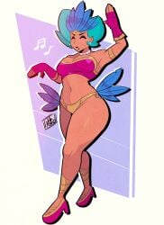 arm_up armpits beauty_mark brawl_stars breasts carnaval cleavage closed_eyes feathers gloves headgear high_heels lola_(brawl_stars) mrweirdsketch navel necklace panties posing short_hair slim_waist smile tagme teal_hair thick_thighs topwear voluptuous wide_hips