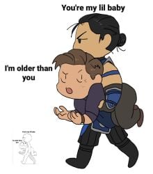 2boys 2d 2d_artwork ass ass_focus bi-han big_ass big_butt black_eyes black_hair brown_hair brown_shoes carrying carrying_another carrying_partner chibi chibi_style confused confused_expression confused_face confused_look dat_ass dat_butt english_text fat_ass fat_butt funny gay gay_male hair hair_bun hammy_san863 huge_ass huge_butt humor humor_porn interracial johnny_cage light-skinned_male light_skin lin_kuei male male/male male_focus male_only mortal_kombat mortal_kombat_1_(2023) ninja purple_shirt simple_background sub-zero template watch white_background wristwatch wristwear yaoi