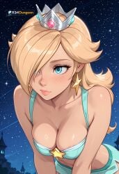 18yo 1girl adult ai_generated aqua_dress big_breasts blonde_hair blue_dress blue_eyes blush breast_focus cleavage close-up cosmic_background crown erotic face_focus female female_focus female_only glossy_skin hair_over_one_eye highres large_breasts leaning_forward looking_at_viewer night_sky nintendo patreon patreon_username portrait princess_rosalina r34dungeon rosalina short_hair side_swept_bangs silver_crown soft_smile solo space_background star_earrings starry_sky stars suggestive super_mario_bros