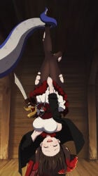 artist_request azur_lane blush brown_hair full_body grabbed_by_tentacles holding_skirt pantyhose royal_fortune_(azur_lane) screenshot screenshot_edit sleeveless smiling smiling_at_viewer stitched sweatdrop tentacle tentacle_hair upside-down