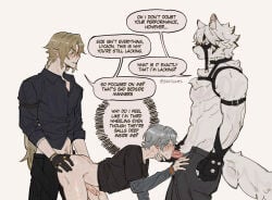 3boys anal black_gloves black_pants black_shirt blush english_text fellatio from_side furry furry_with_non-furry gloves hugo_vlad interspecies layered_sleeves long_sleeves male_focus male_penetrated male_spitroast moji00x00x multiple_boys oral pants penis shirt short_hair short_over_long_sleeves short_sleeves simple_background speech_bubble spitroast twitter_username uncensored von_lycaon white_background wise_(zenless_zone_zero) yaoi zenless_zone_zero