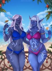 2026 2d ave_poppea beach bikini body_markings drink elf elf_ears facial_markings female glass jewelry nightborne pointed_ears white_hair world_of_warcraft