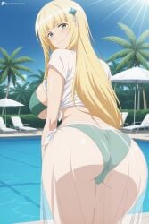 1girl ai_generated ass ass_focus bikini blonde_hair blue_sky blunt_bangs blush breasts christiana_leta_rosebreia closed_mouth day digitalwaifugallery from_behind green_bikini green_eyes hair_ornament hi_res high_quality high_resolution large_breasts long_hair looking_at_viewer looking_back lounge_chair outdoors palm_tree patreon pool poolside sarong seductive see-through sexy shirt short_sleeves sky smile solo swimsuit thigh_gap thighs tied_shirt tree umbrella uncensored underboob water watermark white_shirt
