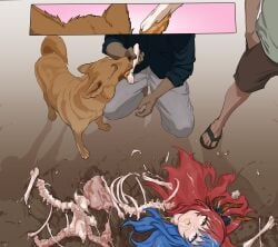 1girl absurdres animal blue_eyes blue_hair bone cannibalism corpse decapitation dog dragon_girl dragon_horns food guro heterochromia highres horns inferna_dragnis_(xoldrek) john0819 meat multicolored_hair original red_hair severed_head spine split-color_hair yellow_eyes