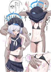 1boy 1girl absurdres aroused beret black_choker black_hat black_nails black_panties black_sailor_collar black_skirt blue_archive blue_eyes blue_halo blush bra bra_lift choker clothes_lift clothes_pull commentary_request crotch_rub faceless faceless_male fingering fingering_through_clothes fingering_through_panties flat_chest grabbing_another's_breast grey_hair groin groping hair_ornament hairclip halo hat highres motion_blur multiple_views navel neckerchief nipple_flick nipple_stimulation nipples open_mouth panties parallel_hairclips peppo-mk3 pleated_skirt pussy_juice sailor sailor_collar sexual_harassment simple_background skirt skirt_pull sleeveless stomach sumika_(blue_archive) through_clothes translation_request underwear undressing_another white_background white_hair white_neckerchief