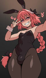 1boy animal_ears astolfo_(fate) black_leotard blush braid breasts bulge cleavage commentary covered_navel crossdressing crossdressing_(mtf) curvy english_commentary fake_animal_ears fang fate/grand_order fate_(series) gradient_background hair_intakes highleg highleg_panties highres leotard long_hair looking_at_viewer male_playboy_bunny multicolored_hair naughty_face panties pantyhose pink_eyes pink_hair playboy_bunny rabbit_ears smile streaked_hair trap underwear v verbus wide_hips wrist_cuffs