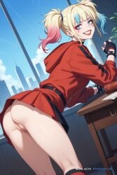 1girl ai_assisted ai_generated beautiful bent_over blonde_hair blue_eyes blue_hair cityscape cowboy_shot day dress dutch_angle general grayscale grin harley_quinn harley_quinn_(suicide_squad_isekai) high_contrast highres indoors looking_at_viewer makeup multicolored_hair no_nose outdoors perfect_anatomy pink_hair pussy red_lips sharp_teeth sitting_on_chair slit_pupils smug socks source_anime suicide_squad suicide_squad_isekai upskirt_view