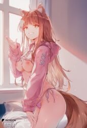 1girl ai_generated animal_ears blush breasts brown_hair highres holo_(spice_and_wolf) hoodie indoors large_breasts long_hair looking_back nipples nsfw open_clothes panties red_eyes shiny_skin smile solo spice_and_wolf stormiaart striped_panties sweat tail window wolf_ears