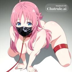 1girl adult ahoge ai_assisted ai_generated anime_screencap beautiful blond blue_eyes collar gold_chain hair_down hands_between_legs illustration knees_apart latex_mask leash_in_mouth long_hair looking_at_viewer looking_over_shoulder mature_female naked no_background nude on_knees pink_hair red_collar seductive_face sexually_suggestive sexy_pose short_girl showing_ass slender_body small_boobs thigh_cuffs view_from_behind white_background