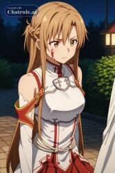 1girl absurdly_long_hair ai_assisted ai_generated anime_screencap armor asuna_(sao) blood_splatter breastplate brown_eyes brown_hair campsite close_up detached_sleeves firelight flaccid_penis frowning high_quality juliet_sleeves kneeling long_sidelocks long_sleeves looking_at_penis night outside skirt source_anime sword_art_online upper_body white_dress white_robe white_thighhighs yuuki_asuna