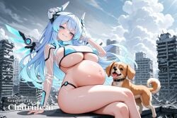 1girl ai_assisted ai_generated bikini blue_eyes cityscape cloudy crossed_legs destroyed_city floating_hair from_side giant_breasts gradient_hair hand_in_own_hair head_tilt headgear height_difference horns huge_boobs huge_size_difference hyperdimension_neptunia inflation light_blue_hair little_girl looking_at_viewer mechanical_wings orgasm parted_lips petite rei ruins sex size_difference small stomach_bulge underboob