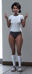 3d black_hair blender_(software) brown_hair clementine_(the_walking_dead) curvy curvy_figure dark-skinned_female dark_skin gym gym_uniform japanese_clothing large_ass light-skinned_female light_skin medium_breasts nipples nipples_visible_through_clothing petite red_l shirt short_hair shorts sneakers socks sports_uniform t-shirt the_walking_dead the_walking_dead_game thick_thighs thighs tied_hair video_game_character