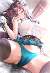 1girl absurdres animal_ears aqua_skirt asdkd123 black_thighhighs blue_bow blue_bowtie blue_panties blush bow bowtie breasts brown_hair closed_eyes clothes_lift commentary_request curtains gloves highres horse_ears horse_girl large_breasts long_hair lying mejiro_dober_(off_the_line)_(umamusume) mejiro_dober_(umamusume) on_back on_bed panties parted_lips pussy_juice shirt skirt skirt_lift sleeveless sleeveless_shirt solo thighhighs umamusume underwear white_gloves white_shirt