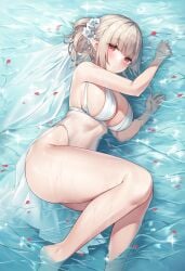 1girls breasts elf elf_ears elf_female elf_girl exposed_breasts female female_only flower flower_hair_ornament gray_hair hair_ornament hair_ribbon highres in_water large_breasts lying lying_on_side medium_hair original pointy_ears see-through solo solo_female sora_72-iro straight_hair swimsuit tied_hair water