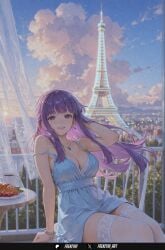 1girl ai_generated bangs bracelet breasts cleavage cloud dress earrings fern_(sousou_no_frieren) food frenzyai jewelry large_breasts long_hair looking_at_viewer necklace outdoors purple_eyes purple_hair sitting sky sleeveless sleeveless_dress smile solo sousou_no_frieren strap_slip thighhighs white_dress white_thighhighs