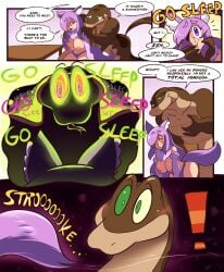 ! 2020 absurd_res anthro blush bottomless breasts comic commission dialogue draken_(rctdelta20) english_text green_eyes humor hypnosis hypnotic_eyes hypnotized large_breasts lewdloaf long_hair naga nude nyx_(rctdelta20) purple_eyes purple_hair sad_face scales scalie speech_bubble text wholesome wolf_ears wolf_girl wolf_tail