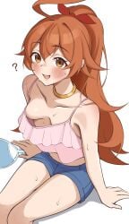 ? areola_slip blush breasts_apart cocco_lupico duel_masters duel_masters_play's fan looking_at_viewer medium_breasts no_bra open_mouth sagging_breasts short_shorts smile steam sweat sweaty topwear
