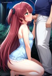 1girl ai_assisted ai_generated anon big_butt black_scrunchie blowjob blue_shirt blush clothed clothing couple deep_throat fellatio female from_side girl girly green_eyes kneeling long_hair night oral outdoors pink_hair red_hair short_hair small_breasts spreading_legs squating sucking_penis white_leggings whore younger_female