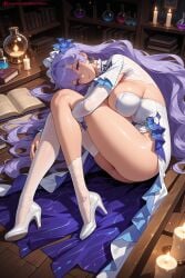1girl ai_generated ass bangs blue_eyes blush breasts cantarella_(wuthering_waves) cleavage dress flower gloves hair_ornament hi_res high_heels high_quality high_resolution indoors jewelry kiraamane large_breasts legs long_hair looking_at_viewer maid_headdress patreon purple_hair seductive sexy shiny_skin solo thighhighs uncensored very_long_hair watermark white_footwear white_legwear wuthering_waves