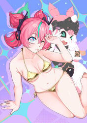 :p aria_(zenless_zone_zero) aria_(zenless_zone_zero)_(human_form) aria_(zenless_zone_zero)_(robot_form) arm_at_side blush embarrassed gold_bikini medium_breasts on_side one_arm_up one_eye_closed thighs zenless_zone_zero
