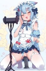 1girl 3dio absurdres animal_ears apron asmr bare_shoulders blue_dress blue_hair blue_panties blush breasts censored choker clothes_lift clothing_aside commentary_request commission dildo dildo_riding dress droopy_ears fang female_masturbation floral_background flower frilled_apron frilled_clothes frilled_dress frills garter_straps grey_background hair_between_eyes hair_ornament highres kneeling komai_ume lifting_own_clothes looking_at_viewer maid maid_apron maid_headdress masturbation medium_hair mesugaki mosaic_censoring multicolored_hair no_shoes object_insertion open_mouth paid_reward_available panties panties_aside pixiv_commission pussy raised_inner_eyebrows red_choker red_eyes riding sex_toy skirt skirt_lift small_breasts smile solo spread_legs streaked_hair striped_clothes striped_panties thighhighs underwear vaginal vaginal_object_insertion varium virtual_youtuber whispering white_apron white_garter_straps white_panties white_thighhighs yoshiheihe
