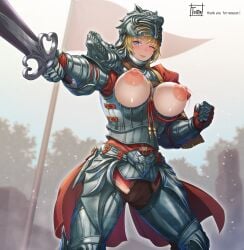 1girls 2026 absurd_res areolae armor armored_female bandai_namco big_breasts blonde_hair blue_eyes blush breasts exposed_breasts female female_only full_armor hildegard_von_krone large_areolae looking_at_viewer nipples puffy_nipples smiling smiling_at_viewer solo soul_calibur soul_calibur_iv sword tomo_eokaiteru wink winking_at_viewer