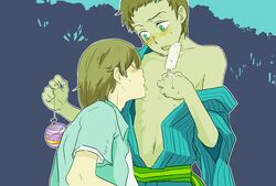 2009 2010 2boys aramaki_aiko-ka_momi brown_hair green_eyes ice_cream isami_fujiwara male male_only multiple_boys nipple_licking nipples noein_(anime) popsicle yaoi yuu_gotou