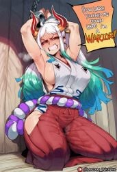 1girl 2026 2d absurd_res absurd_resolution absurdres ai_generated armpits arms_up artist_name bare_arms blush bound bound_wrists breasts caption chain clenched_teeth comic comic_page cuffs curled_horns earrings english_text green_hair hair_ornament hair_stick hakama hakama_pants hi_res high_quality high_resolution highres hip_vent horns image image_set japanese_clothes jewelry kimono kneeling large_breasts long_hair looking_at_viewer madamweaver multicolored_hair multicolored_horns one_piece oni pants patreon patreon_logo patreon_username red_hakama red_horns rope seiza shackles shimenawa sideboob sitting sleeveless sleeveless_kimono solo speech_bubble steaming_body sweat teeth text uncensured v-shaped_eyebrows very_long_hair watermark white_hair yamato_(one_piece)