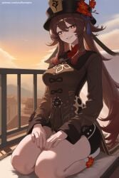 1girl ai_generated bangs breasts brown_hair flower genshin_impact grin hat hi_res high_quality high_resolution hu_tao_(genshin_impact) jacket kneeling long_hair long_sleeves looking_at_viewer oda_nobunaga_(fate) oda_nobunaga_(fate)_(all) outdoors patreon red_eyes red_flower seductive seiza sexy sitting sky smile solo uncensored watermark