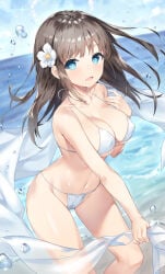 1girls bikini bikini_bottom bikini_top blue_sky breasts cameltoe female female_only flower flower_hair_ornament flower_in_hair gray_hair hair_ornament highres in_water large_breasts long_hair original pareo sea sky solo solo_female sora_72-iro straight_hair water