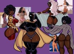 4girls afro ass black_hair black_panther_(marvel) butt dark-skinned_female dark_skin hoop_earrings marvel_comics monica_rambeau multiple_girls reference_image riri_williams shuri_(marvel) storm_(x-men) superhero superhero_costume superheroine thick_thighs thong vigilante_ink wedgie white_hair