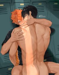 2boys against_surface against_wall anal anal_penetration anal_sex ass back back_view background black_hair blue_eyes blush blush_lines blushing bottomless brown_eyes fully_naked fully_nude grabbing grabbing_ass grabbing_back haikyuu!! hinata_shouyou hugging hugging_another hugging_partner kageyama_tobio light-skinned_male light_skin locker locker_room lockers looking_at_viewer looking_back male male/male male_only male_penetrated male_penetrating male_penetrating_male nekido opening_door orange_hair shirt shoyo_hinata sweat sweatdrop sweating sweaty sweaty_body tobio_kageyama