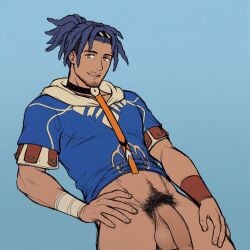 1boy aged_up ai_generated balls beard_stubble big_balls big_penis bottomless bottomless_male dreadlocks facial_hair fire_emblem fire_emblem:_fortune's_weave headband hood hood_down male male_only mustache_stubble neithardtart nintendo penis ponytail pubic_hair purple_hair shirt solo solo_male stubble yellow_eyes