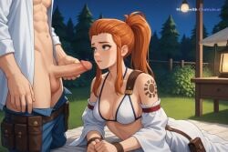 1girl absurdly_long_hair ai_assisted ai_generated anime_screencap bikini blood_splatter body_freckles brigitte campsite close_up cowboy_shot firelight flaccid_penis frowning gloves high_quality holding holster indoors juliet_sleeves kneeling lamp long_sidelocks long_sleeves looking_at_penis lying night outside pants ponytail sidelocks sweatband tattoo tree upper_body white_dress white_robe