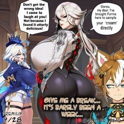 1boy 2026 2d 2girls absurd_res absurd_resolution absurdres ahoge ai_generated animal_ears arlecchino_(genshin_impact) ass ass_focus black_eyes black_gloves black_hair blue_eyes blue_hair blue_jacket breasts brown_hair comic dog_ears english_text furina_(genshin_impact) genshin_impact gloves goonie_bear gorou_(genshin_impact) hair_between_eyes hat hi_res high_quality high_resolution highres huge_ass huge_breasts image jacket long_hair long_sleeves looking_back makeup multicolored_hair multiple_girls patreon patreon_username shorts speech_bubble streaked_hair thick_thighs thigh_strap thighs top_hat two-tone_hair uncensured watermark white_gloves white_hair white_shorts