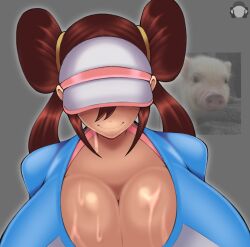 1girl 1girls close-up clothed hidden_eyes huge_breasts rosa_(pokemon) sketchydrawin smile solo sweat sweaty_breasts
