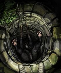 2d 2d_(artwork) 2d_artwork 4_toes anthro creepy dark_skin detailed_background fur furry leaves leaves_in_hair looking_at_viewer muzzle_(object) muzzled night pawpads paws shoes stuck tree well white_eyes zarzaliel