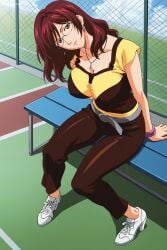 1girl ai_generated belt breasts brown_eyes brown_hair cleavage day digitalwaifugallery earrings fence glasses hanamura_aoi hi_res high_quality high_resolution jewelry large_breasts long_hair looking_at_viewer mature_female mole mole_under_mouth necklace outdoors pants patreon red_hair seductive sexy shirt shoes sitting solo uncensored watermark