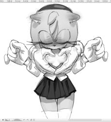 000011nsfw 1boy 1girls amy_rose anthro areolae art_program_in_frame bangs blush blushing disembodied_hand disembodied_hands ear_blush ears_down eyes_closed flushed gloved_hands gloves greyscale head_down heart_hands monochrome nipples school_uniform shirt_open skirt small_breasts sonic_(series) sonic_the_hedgehog sonic_the_hedgehog_(series) white_background