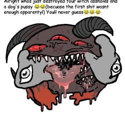 3_eyes ahe_gao ambiguous_gender asymmetrical_horns brown_body comic_sans demon disembodied_hands dripping drooling fingers_in_mouth heavy_breathing mewgenics monster non-human_only red_eyes red_saliva saliva sharp_teeth slime sloppy solo_focus sweat tattoos tears teasing tongue tongue_out tormentor_(mewgenics)