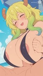 ai_assisted ai_generated areola areola_slip areolae areolae_slip beach big_breasts bikini bikini_bottom bikini_top boobjob breast_squeeze breasts closed_eyes curvy curvy_body curvy_female dragon_girl dragon_maid green_hair horns huge_breasts kobayashi-san_chi_no_maidragon large_breasts long_hair lucoa lucoa_(maidragon) moonwool_branch open_mouth paizuri quetzalcoatl_(dragon_maid) revealing_clothes seductive seductive_eyes seductive_look seductive_mouth seductive_pose seductive_smile sling_bikini slingshot_swimsuit smile smiling thick_ass thick_thighs thighs titjob uncensored