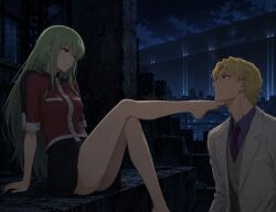 1boy 1girls ai_generated amber_(darker_than_black) blonde_hair cheating_girlfriend darker_than_black echoanomaly green_hair heroine_and_antagonist imminent_cheating november_11 seductive
