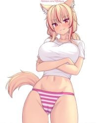 blonde_hair breasts cat_ears catgirl crop_top crossed_arms fang nottytiffy panties red_eyes red_highlights striped_panties tail tiffy tiffynyaa twintails