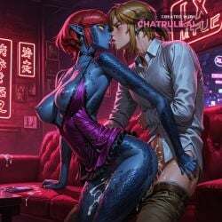1girl 1girl1boy 8k ahegao_face ai_assisted ai_generated backless_dress black_trim blue_skin body_freckles breasts_out choker chromatic_aberration creampie cute_girl detailed_body doggy_style doggy_style_sex earrings freckles game_cg game_screenshot high_quality highres kissing large_breasts large_cock link lots_of_cum man moaning mystique night_time pointy_ears red_hair scales yellow_eyes yellow_sclera