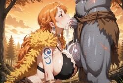 1girls ai_generated alternate_costume amber_eyes autumn belt big_ass big_breasts big_butt bigger_male blowjob blushing boots bracelet braided_hair choker choking_on_cock cleavage costume creamhorseai cum cum_drip cum_in_mouth cum_inside cum_on_body cum_on_breasts cum_on_face curvy curvy_female curvy_figure deepthroat earrings elbaf erect_nipples excessive_cum fellatio female fit fit_female forest fur_coat grey_skin high_resolution highres horny horny_female hourglass_figure huge_breasts irrumatio light-skinned_female light_skin long_hair male male/female mature_female nami_(one_piece) ogre one_piece oral oral_sex orange_hair outdoors perfect_body seductive seductive_look size_difference sunset sweat sweating taller_male tattoo thick_thighs throat_bulge throat_fuck throat_swabbing tribal_clothing voluptuous voluptuous_female voyeur voyeurism white_skin