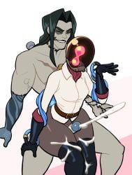 1boy 1girls black_fur black_skin completely_nude_male cum cum_on_thighs deadlock frankenstein's_monster grey_body lovetopullmicke masked_female o_face pantless paradox_(deadlock) stockings tagme thigh_sex victor_(deadlock)