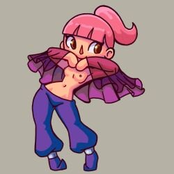 1girls 2026 animal_crossing animal_crossing_girl areolae breasts brown_eyes clothes_lift commission female female_only full_body human light-skinned_female light_skin looking_away navel nintendo nipples pants partially_clothed pink_hair ponytail purple_pants shadowhawx shoes short_hair simple_background smile solo villager_(animal_crossing)