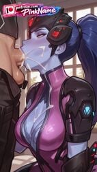 1boy 1girl 2026 ai_generated artist_name big_breasts big_chest big_tits blue_skin blush bodysuit boobs breasts bust busty chest cleavage cock colored_skin cum cum_in_mouth cum_on_body cum_on_breasts dick erection facial head-mounted_display hetero hi_res high_quality highres large_breasts logo long_hair oral overwatch patreon patreon_username penis pinkname ponytail purple_hair purple_skin short_sleeves sweat tits watermark widowmaker yellow_eyes